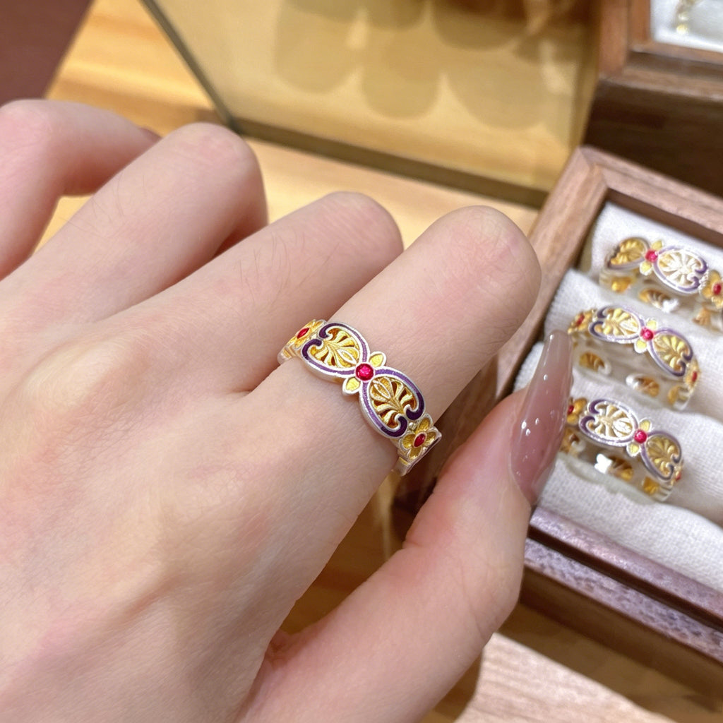 Bague Ruyi en Émail et Filigrane en Argent Sterling 999,9, Style Chinois Traditionnel - IVOIRART.COM
