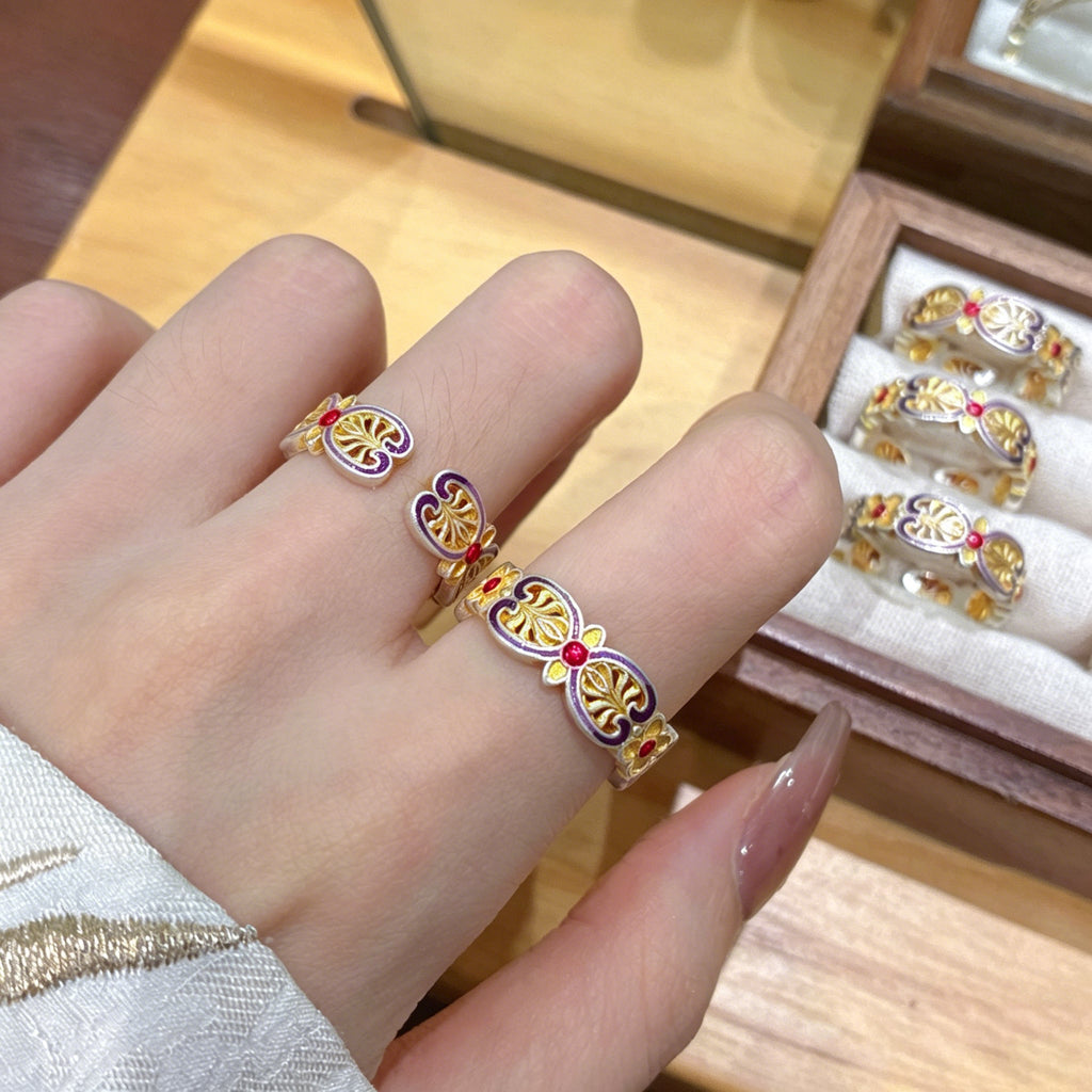 Bague Ruyi en Émail et Filigrane en Argent Sterling 999,9, Style Chinois Traditionnel - IVOIRART.COM
