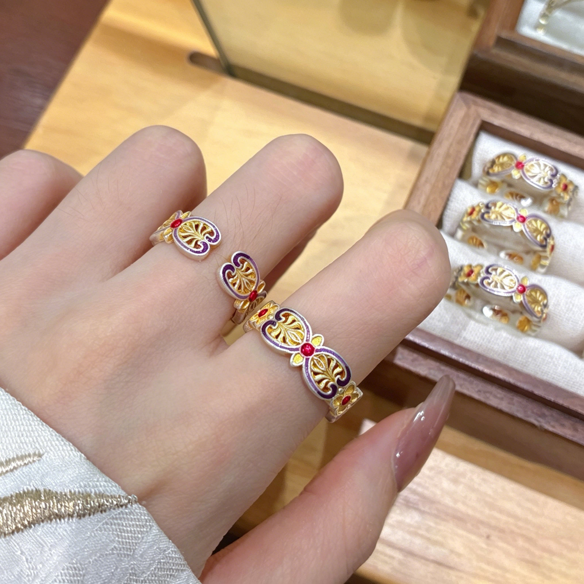 Bague Ruyi en Émail et Filigrane en Argent Sterling 999,9, Style Chinois Traditionnel - IVOIRART.COM