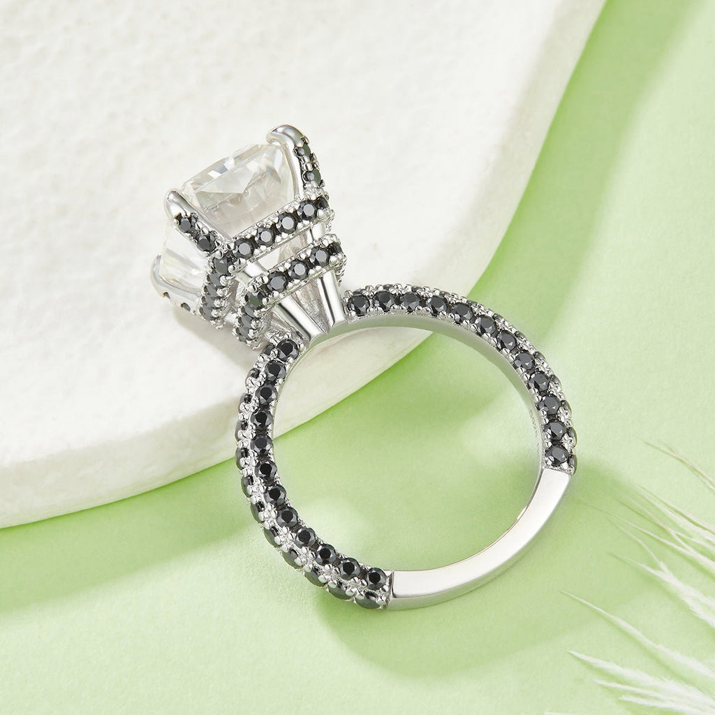 Bague S925 Argent 8ct Moissanite 10x12mm D-VVS1, pavé noir, plaqué Pt tailles US 5-9 - IVOIRART.COM