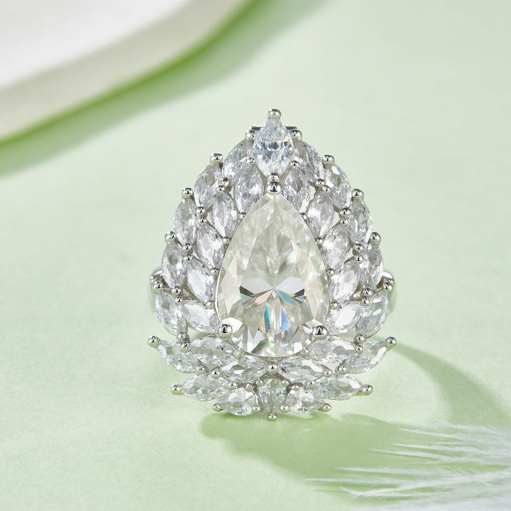 Bague S925 Argent Sterling 4ct Poire Moissanite D-VVS1 Double Halo 8.9g PlaquéPt - IVOIRART.COM