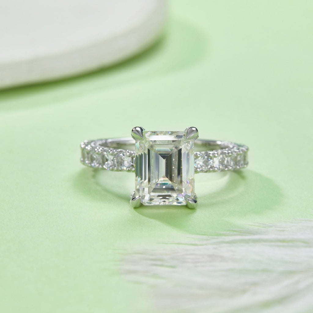 Bague S925 Argent Sterling 4ct Taille Émeraude Moissanite D-VVS1 Sertie Pavé Pt. - IVOIRART.COM