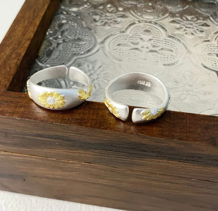 Bague tournesol ouverte en argent sterling 999,9 plaqué or, style minimaliste délicat pour tenue quotidienne et décontractée - IVOIRART.COM