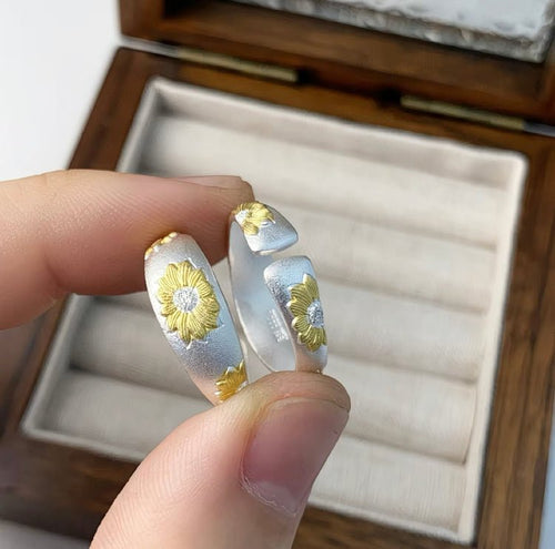 Bague tournesol ouverte en argent sterling 999,9 plaqué or, style minimaliste délicat pour tenue quotidienne et décontractée - IVOIRART.COM