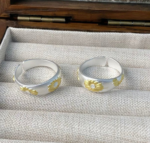 Bague tournesol ouverte en argent sterling 999,9 plaqué or, style minimaliste délicat pour tenue quotidienne et décontractée - IVOIRART.COM