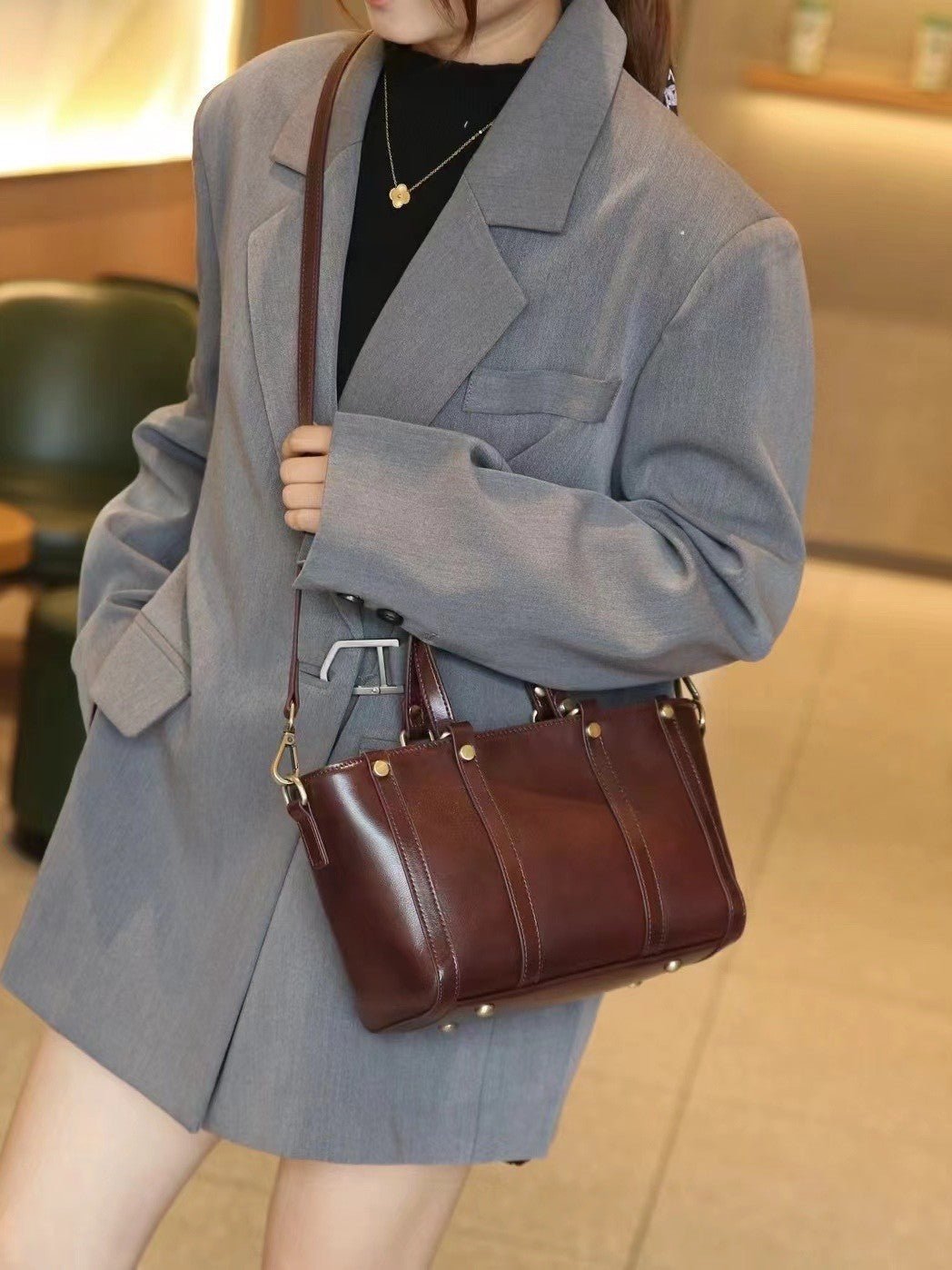 Baidie Leather Women's First Layer Cowhide Large Capacity Shoulder Tote Bag Plus - IVOIRART.COM