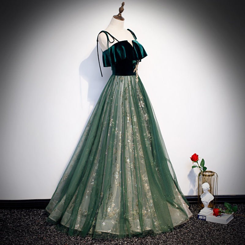 Banquet Sling Temperament Long Dress Dark Green Fantasy Mori - IVOIRART.COM