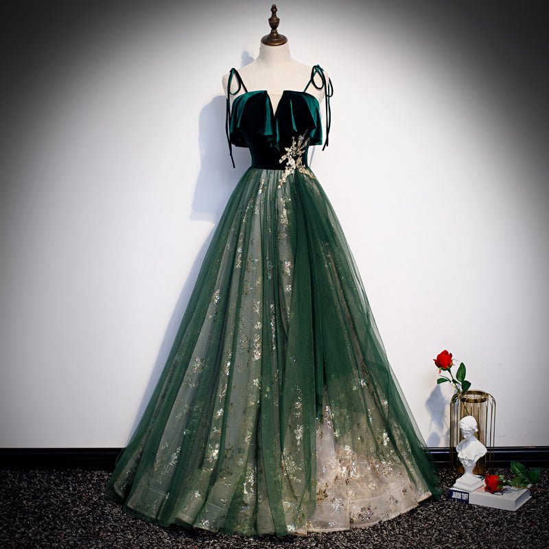 Banquet Sling Temperament Long Dress Dark Green Fantasy Mori - IVOIRART.COM