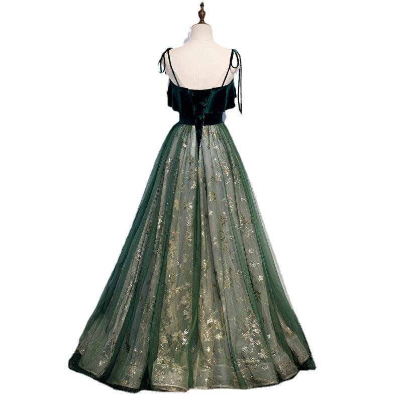 Banquet Sling Temperament Long Dress Dark Green Fantasy Mori - IVOIRART.COM