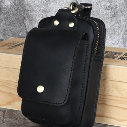 Sac Téléphonique en Cuir de Vachette Retro à Surcouche, Sac Banane Ceinture Homme en Cuir Crazy Horse