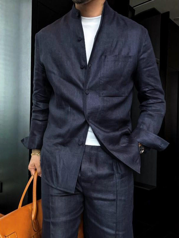 Chemise homme à manches longues avec col mandarin en lin léger blanc éclatant