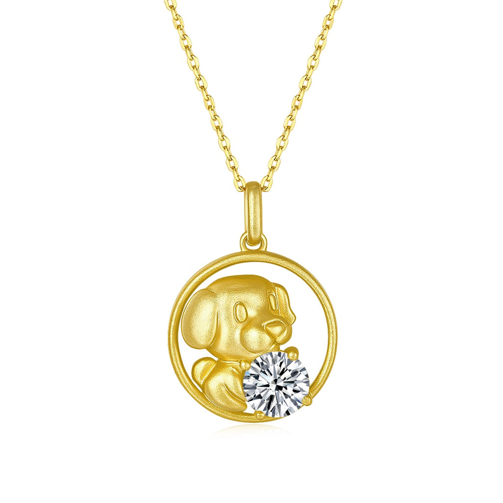 Collier Zodiaque Chinois Chien en Argent S925 Plaqué Or Moissanite 1ct 5,2g