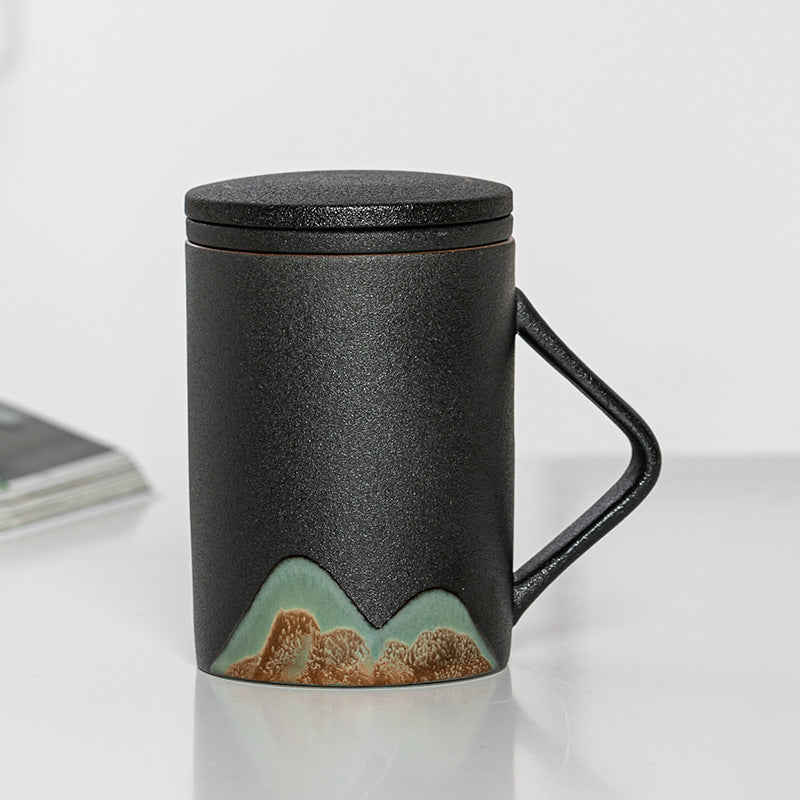Tasse peinte à la main Factory Creative Yuanshan avec poigné en bois, tasse à thé en céramique avec couvercle et filtre, trois pièces, bureau, maison