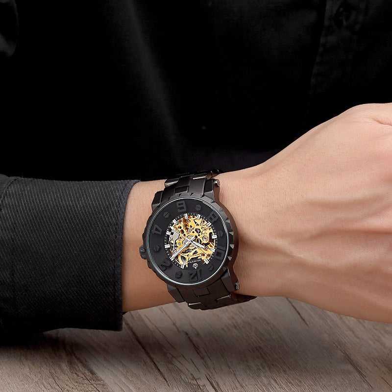Montre Mécanique Semi-automatique Homme Pleine Squelette Montre Acier Élégante