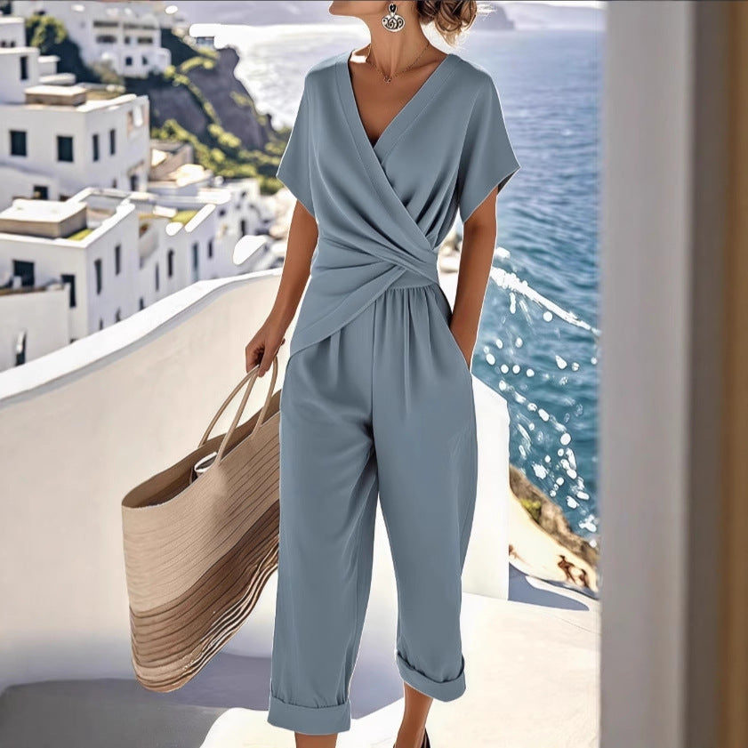 Ensemble Femme Deux Pièces Couleur Unie Mode Manche Courte Irrégulière Été