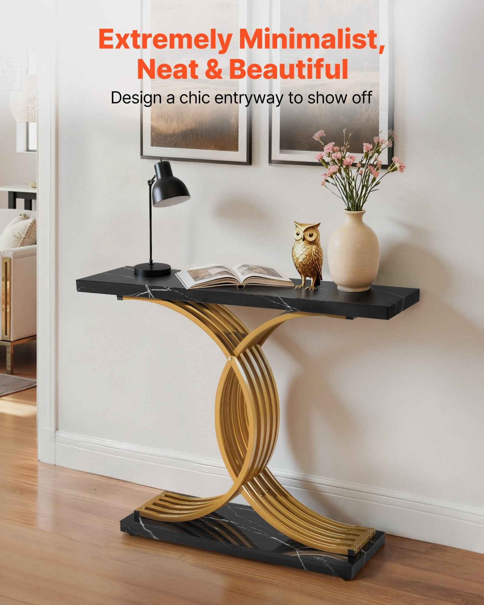 Table Console Dorée de 39 Pouces, Bureau Moderne Derrière le Canapé, Bureau Rectangulaire en Bois pour l'Entrée, Table Accent Longue et Étroite avec Pieds en Métal pour Hall, Chambre, Salon, Foyer, Assemblage Facile - IVOIRART.COM