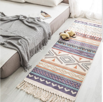 Tapis Boho en Coton et Lin Tissé à la Main - Long Accessoire de Sol Géométrique pour Décoration Intérieure