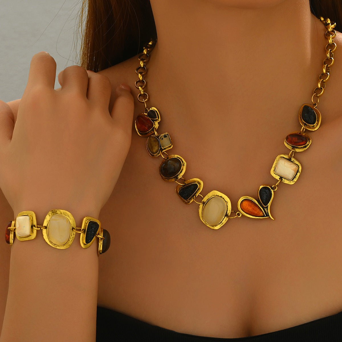 Bijoux femmes style européen-américain : collier et bracelet géométriques zircone - IVOIRART.COM