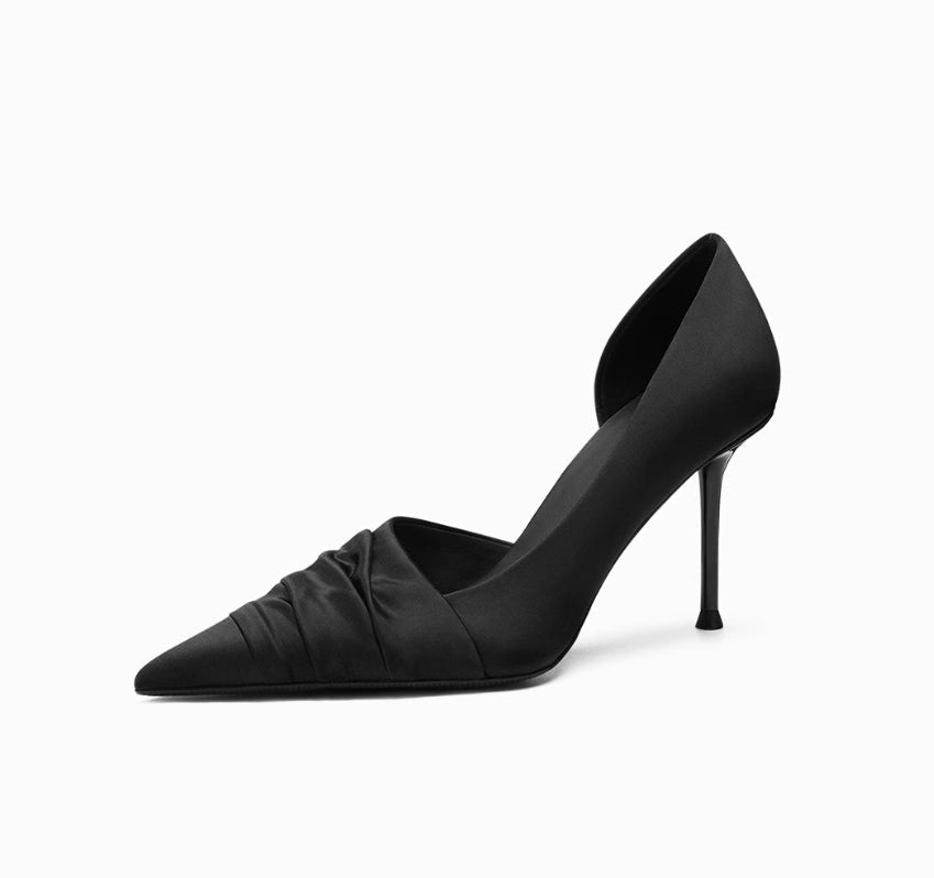 Black Cloth Satin Side Empty High Heels - IVOIRART.COM