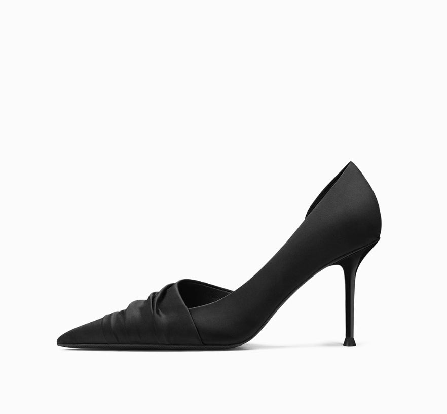 Black Cloth Satin Side Empty High Heels - IVOIRART.COM