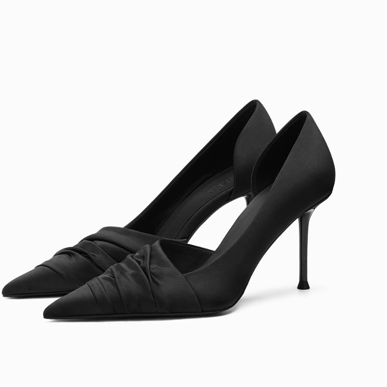 Black Cloth Satin Side Empty High Heels - IVOIRART.COM