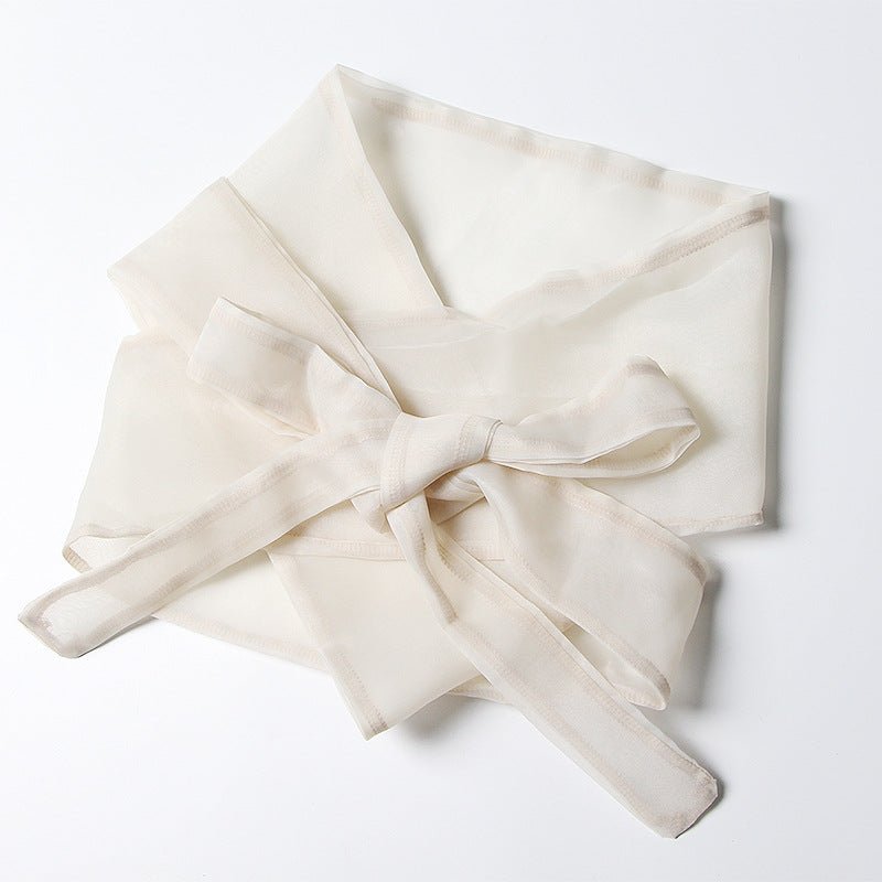 Blouse en organza à manches bouffantes style évêque, ceinture nouée, broderie florale raffinée - IVOIRART.COM