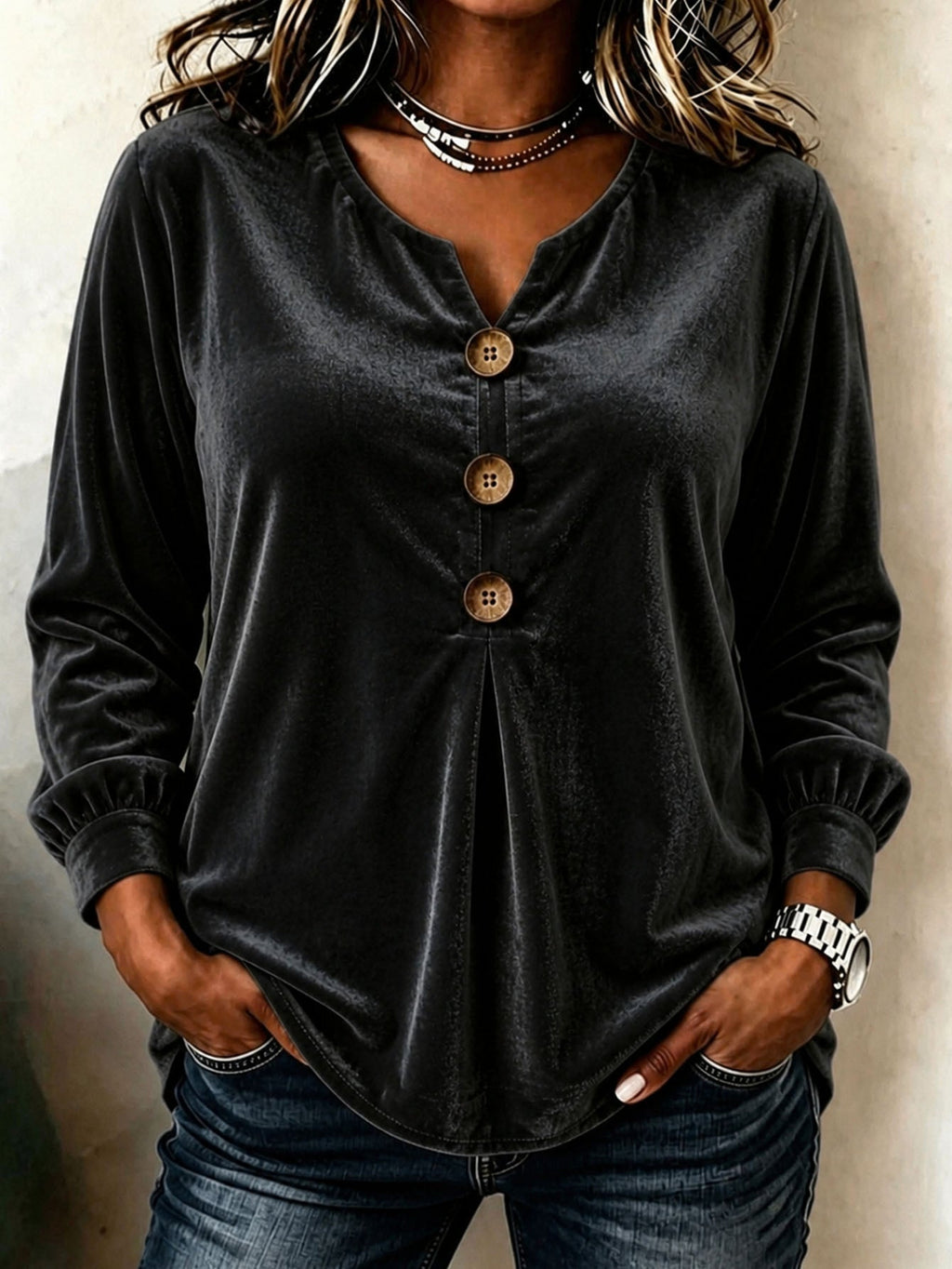 Blouse en velours élégante col V boutonnée manches longues pour femmes - élégant - IVOIRART.COM