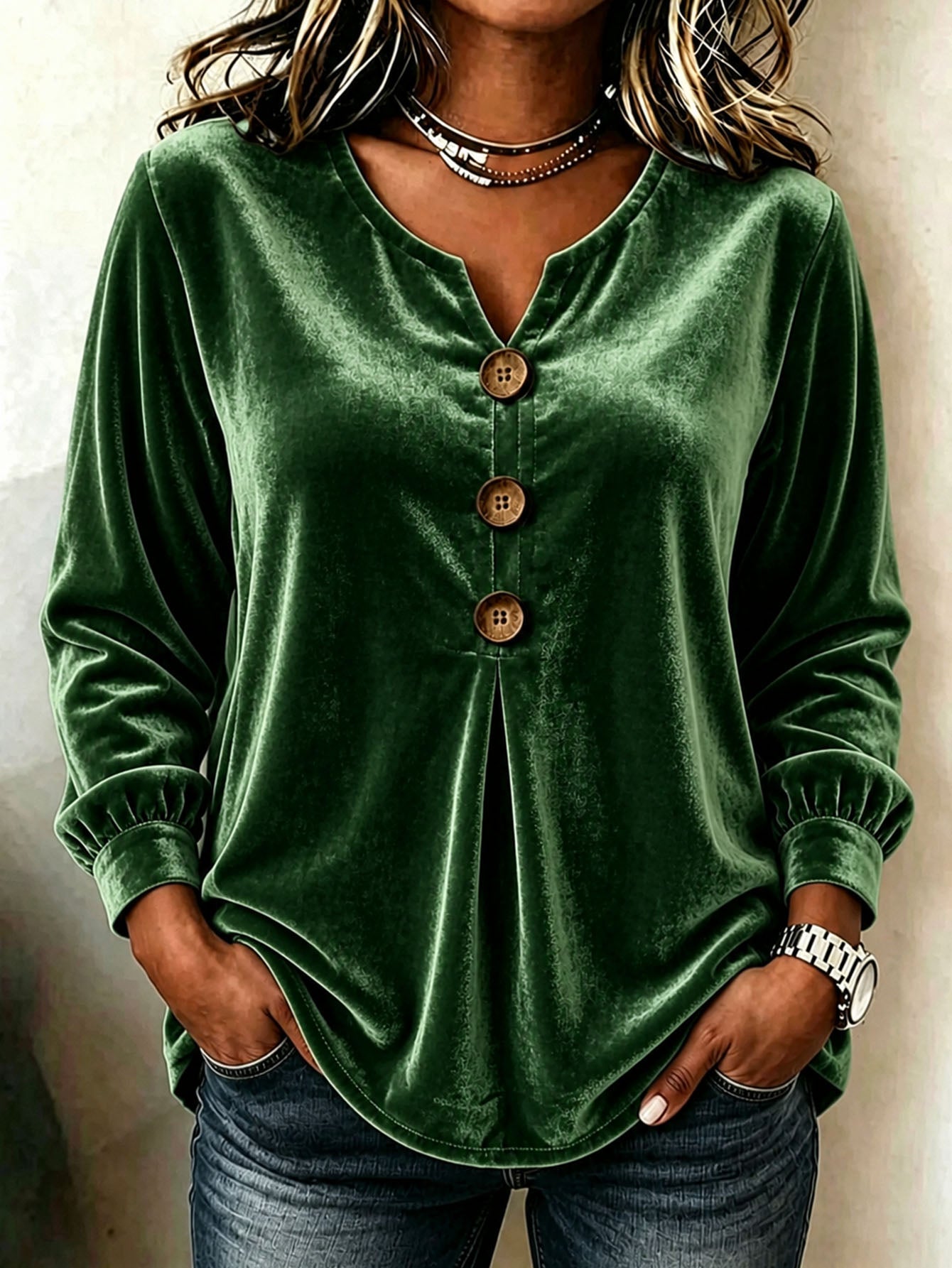 Blouse en velours élégante col V boutonnée manches longues pour femmes - élégant - IVOIRART.COM