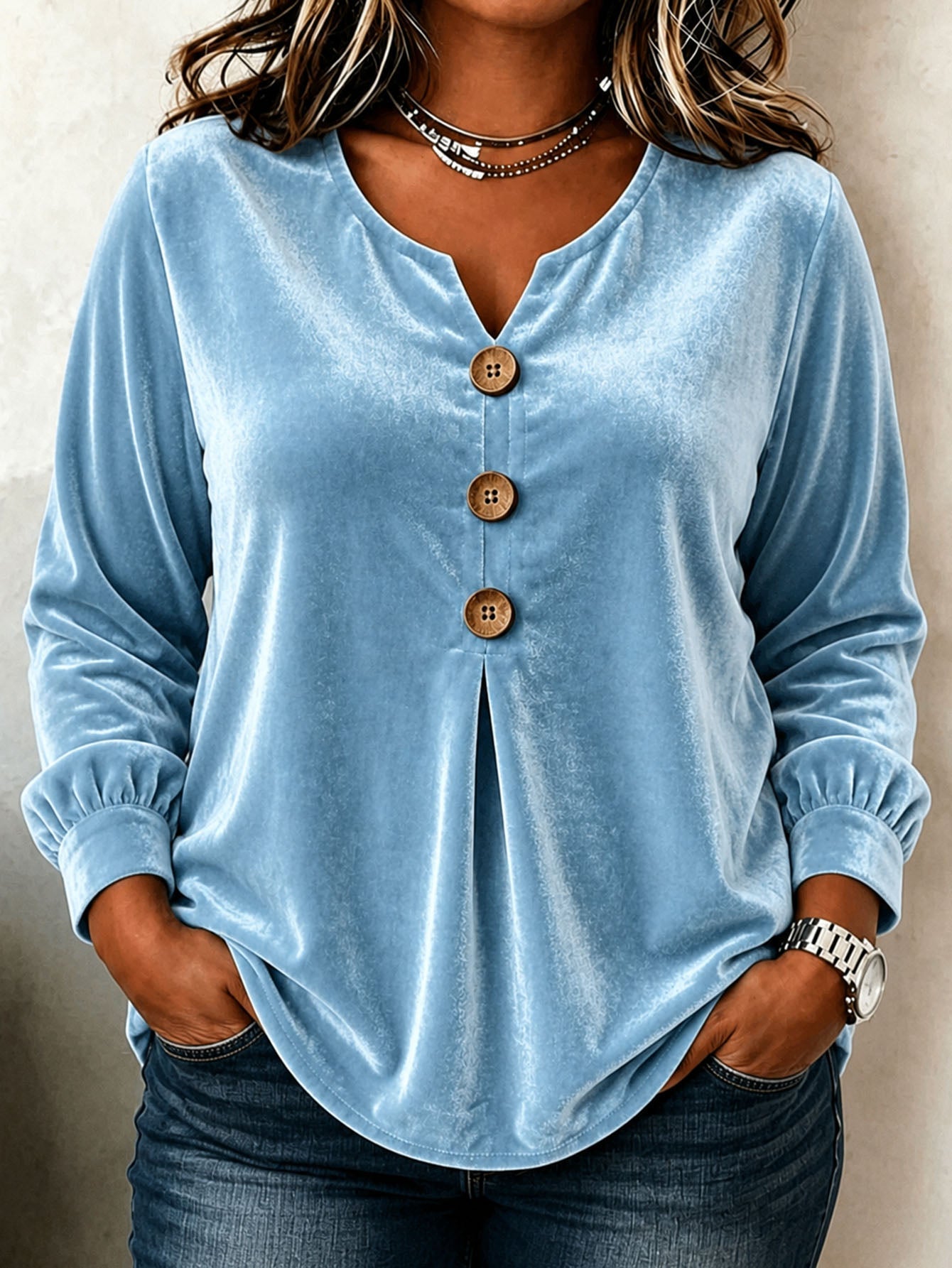 Blouse en velours élégante col V boutonnée manches longues pour femmes - élégant - IVOIRART.COM
