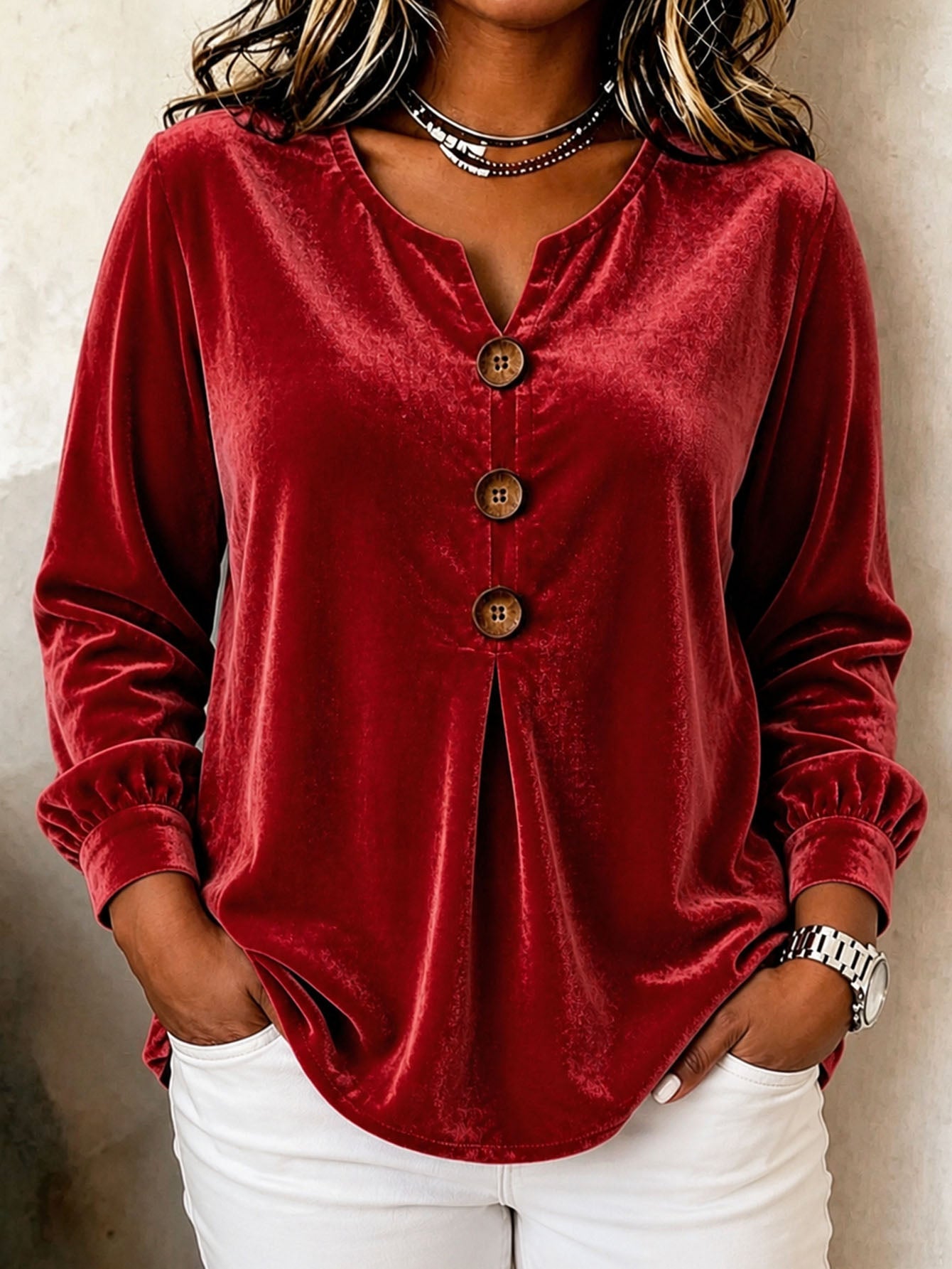 Blouse en velours élégante col V boutonnée manches longues pour femmes - élégant - IVOIRART.COM