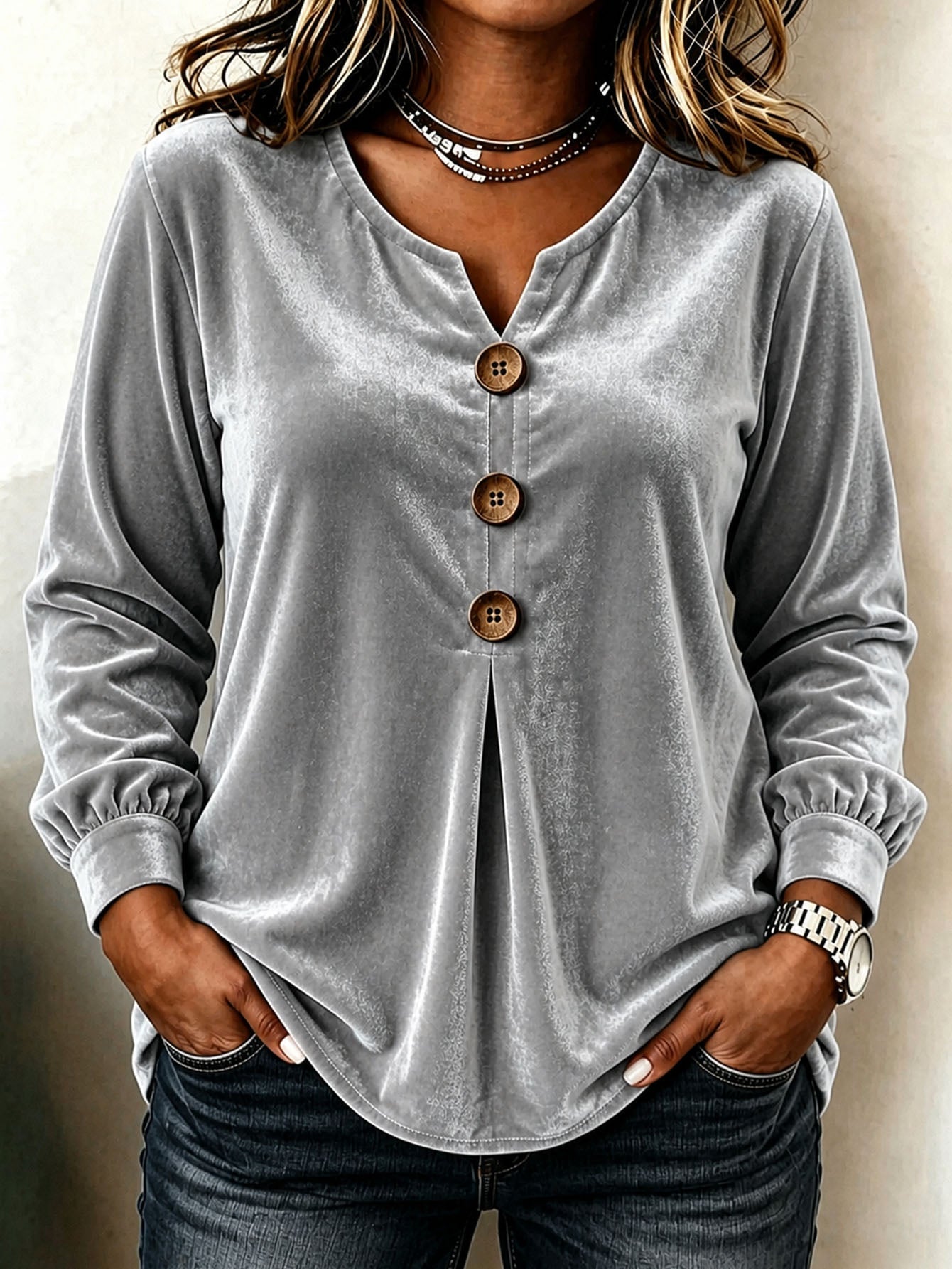 Blouse en velours élégante col V boutonnée manches longues pour femmes - élégant - IVOIRART.COM