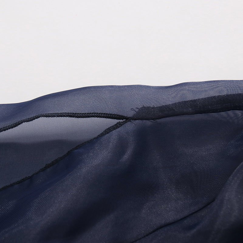 Blouse marine en organza avec nœud au col, taille froncée ajustable et manches longues transparentes - IVOIRART.COM