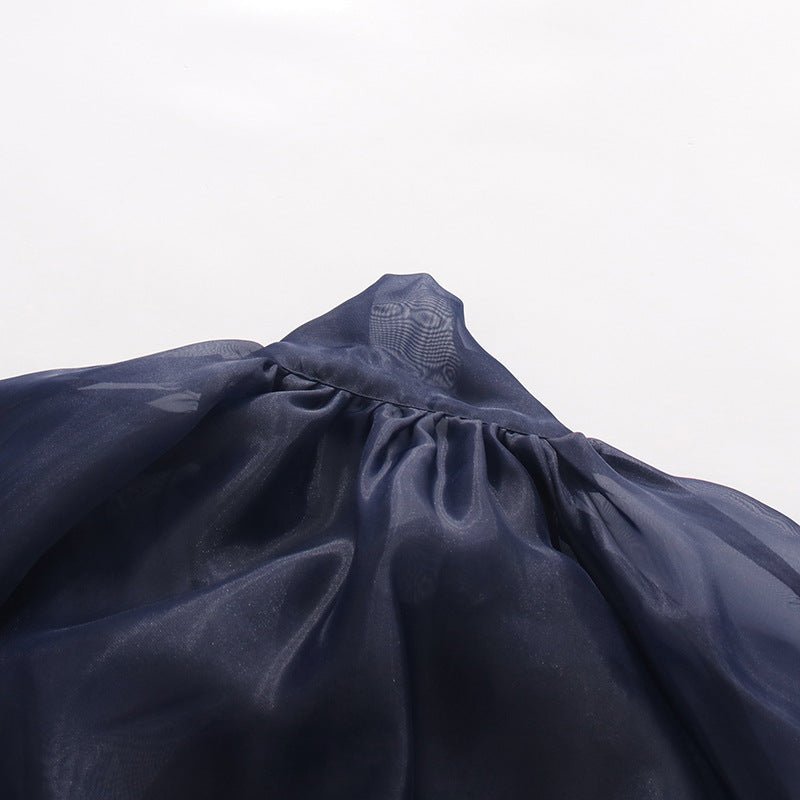 Blouse marine en organza avec nœud au col, taille froncée ajustable et manches longues transparentes - IVOIRART.COM