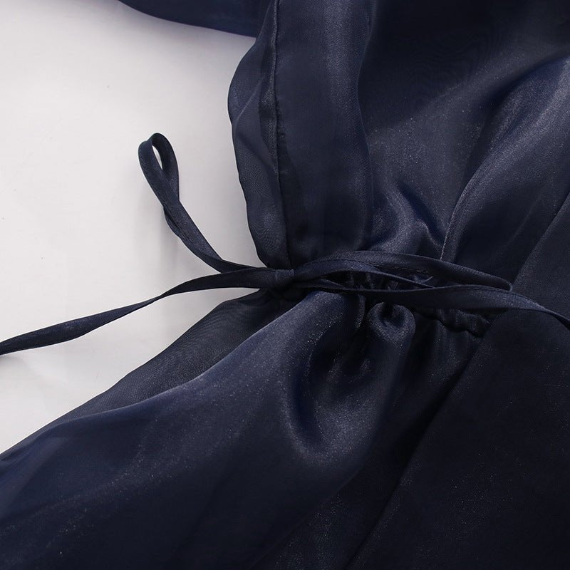 Blouse marine en organza avec nœud au col, taille froncée ajustable et manches longues transparentes - IVOIRART.COM
