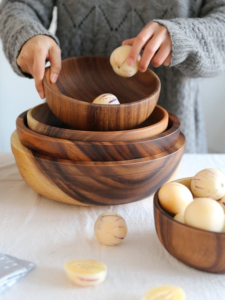 Bol en bois naturel pour cuisine, saladier et corbeille à fruits, usage domestique et restauration, ustensile en bois, résistance à la chaleur, dimensions variées - IVOIRART.COM