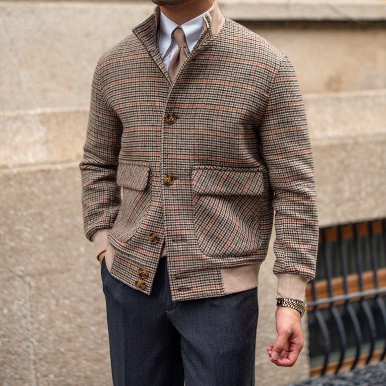 Bomber court en tweed polaire coupe slim col montant, laine 70% polyester marron - IVOIRART.COM