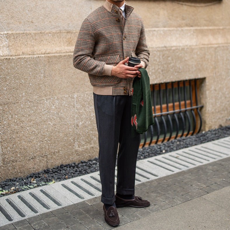 Bomber court en tweed polaire coupe slim col montant, laine 70% polyester marron - IVOIRART.COM
