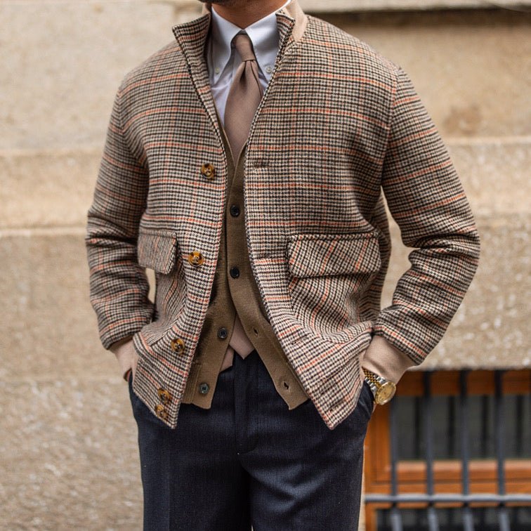 Bomber court en tweed polaire coupe slim col montant, laine 70% polyester marron - IVOIRART.COM