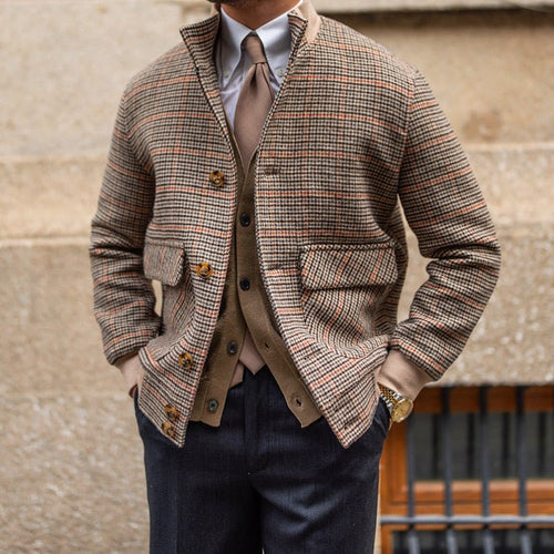 Bomber court en tweed polaire coupe slim col montant, laine 70% polyester marron - IVOIRART.COM