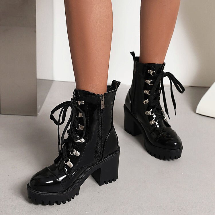 Bottes à talon chunky en cuir verni, semelle épaisse, style riding, bout rond EU - IVOIRART.COM