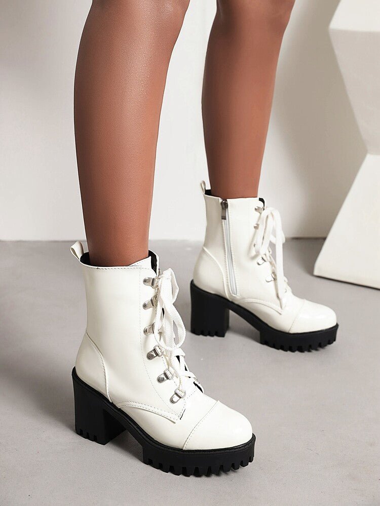 Bottes à talon chunky en cuir verni, semelle épaisse, style riding, bout rond EU - IVOIRART.COM