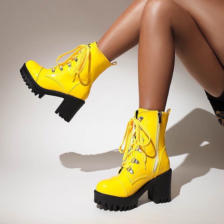 Bottes à talon chunky en cuir verni, semelle épaisse, style riding, bout rond EU - IVOIRART.COM