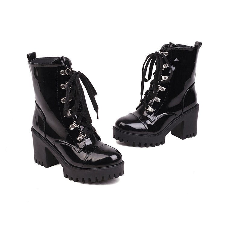 Bottes à talon chunky en cuir verni, semelle épaisse, style riding, bout rond EU - IVOIRART.COM