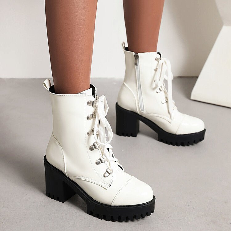 Bottes à talon chunky en cuir verni, semelle épaisse, style riding, bout rond EU - IVOIRART.COM
