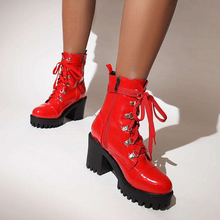 Bottes à talon chunky en cuir verni, semelle épaisse, style riding, bout rond EU - IVOIRART.COM