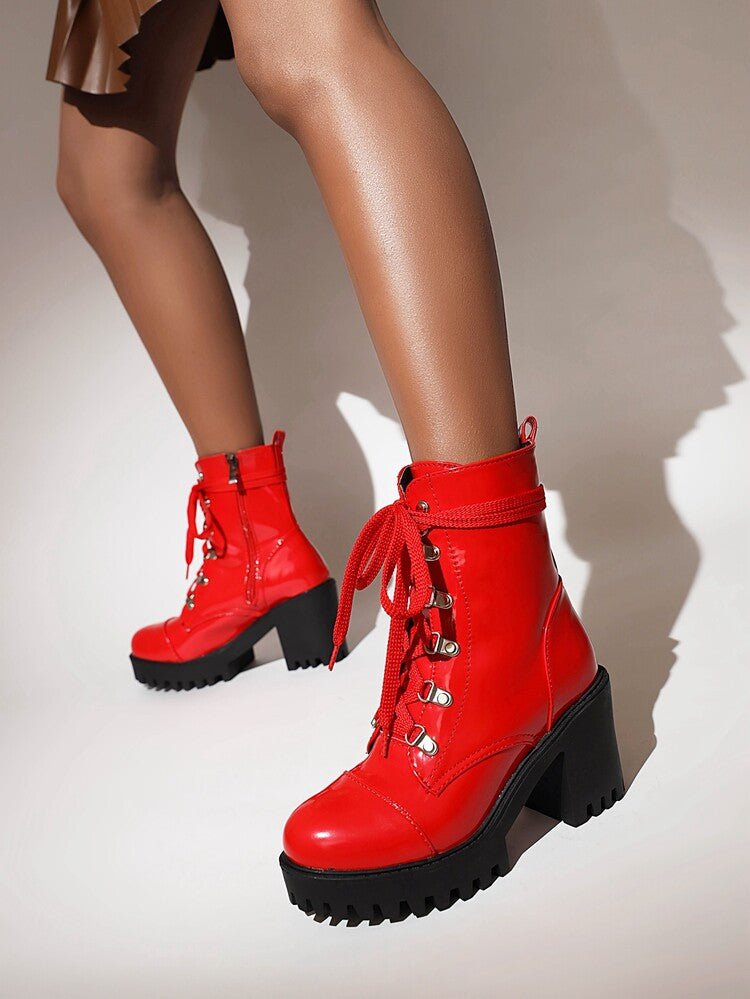 Bottes à talon chunky en cuir verni, semelle épaisse, style riding, bout rond EU - IVOIRART.COM