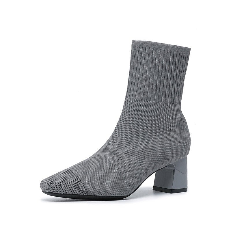 Bottes à talon compensé épais élastique, chaussettes en maille fines mi - mollet - IVOIRART.COM