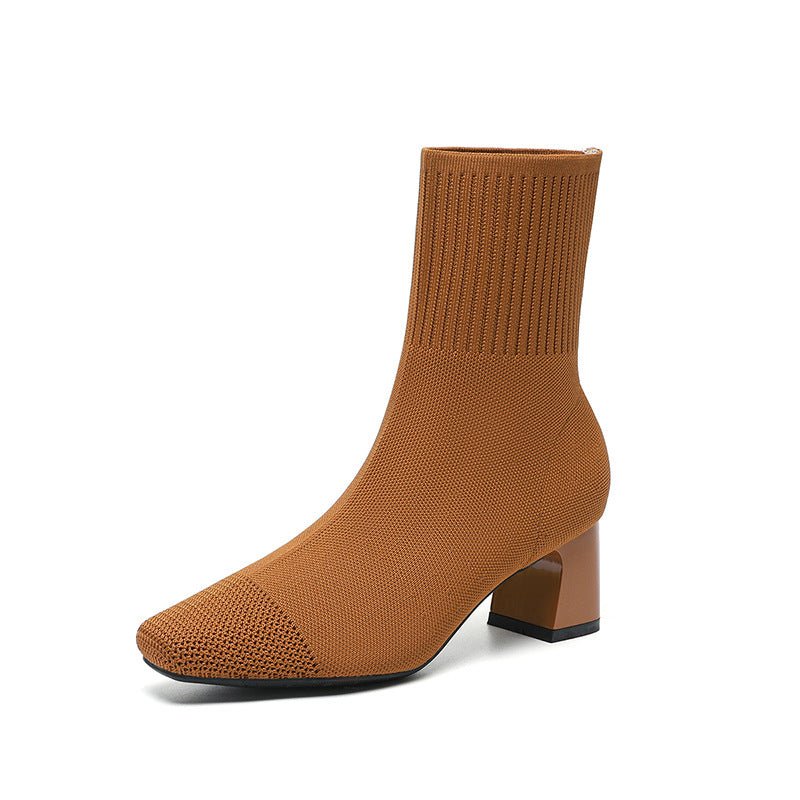 Bottes à talon compensé épais élastique, chaussettes en maille fines mi - mollet - IVOIRART.COM