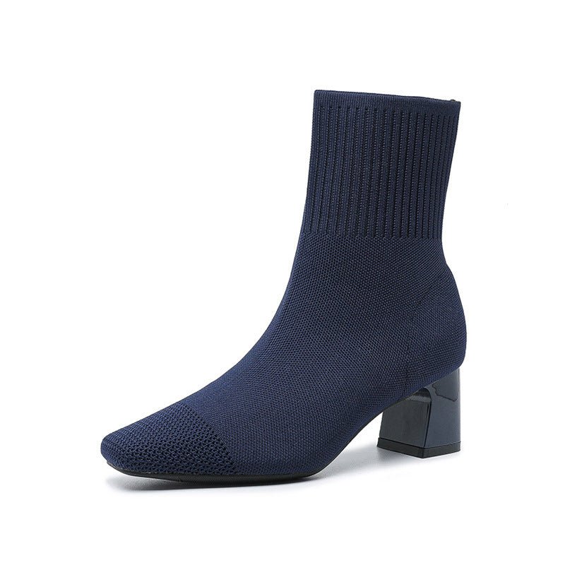 Bottes à talon compensé épais élastique, chaussettes en maille fines mi - mollet - IVOIRART.COM