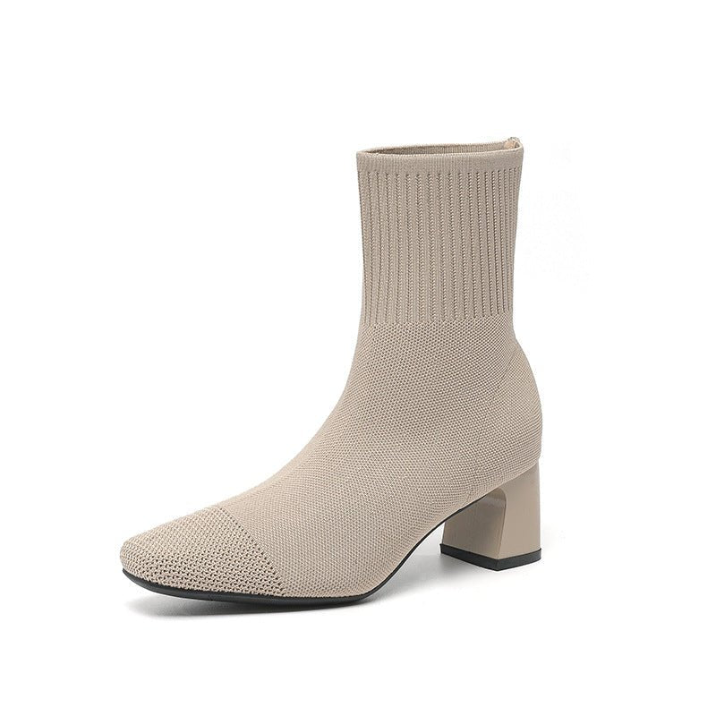 Bottes à talon compensé épais élastique, chaussettes en maille fines mi - mollet - IVOIRART.COM
